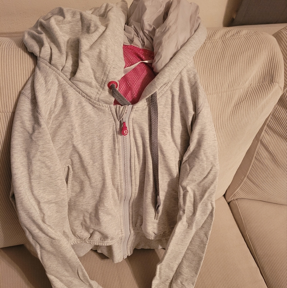 Gray Zip-Up Hoodie with Pink Accents